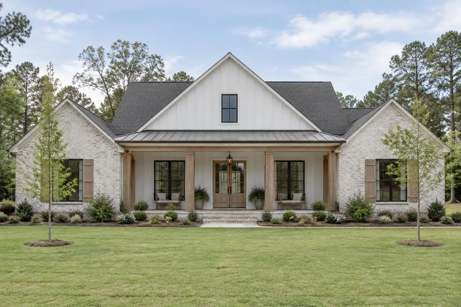 Rendering of a farmhouse-style custom home with a covered porch
