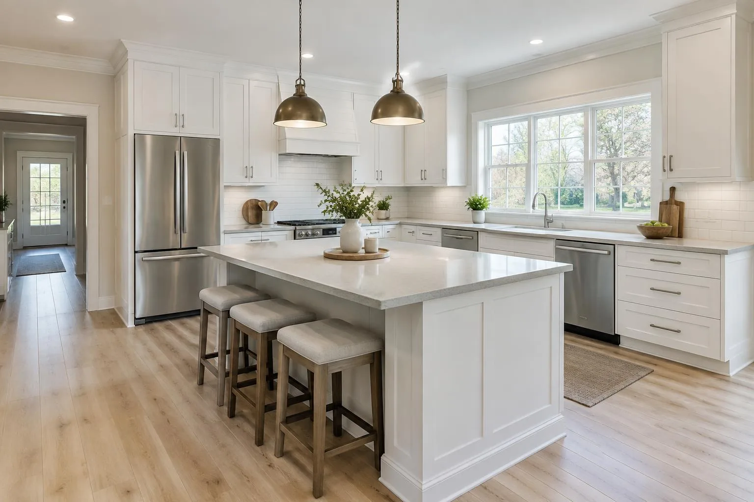 Rendering of a renovated kitchen with white shaker cabinetry